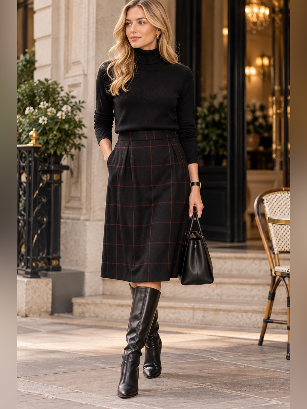 Vintage Robichaud Diffusion Black Midi Plaid Skirt with Subtle Red Windowpane
